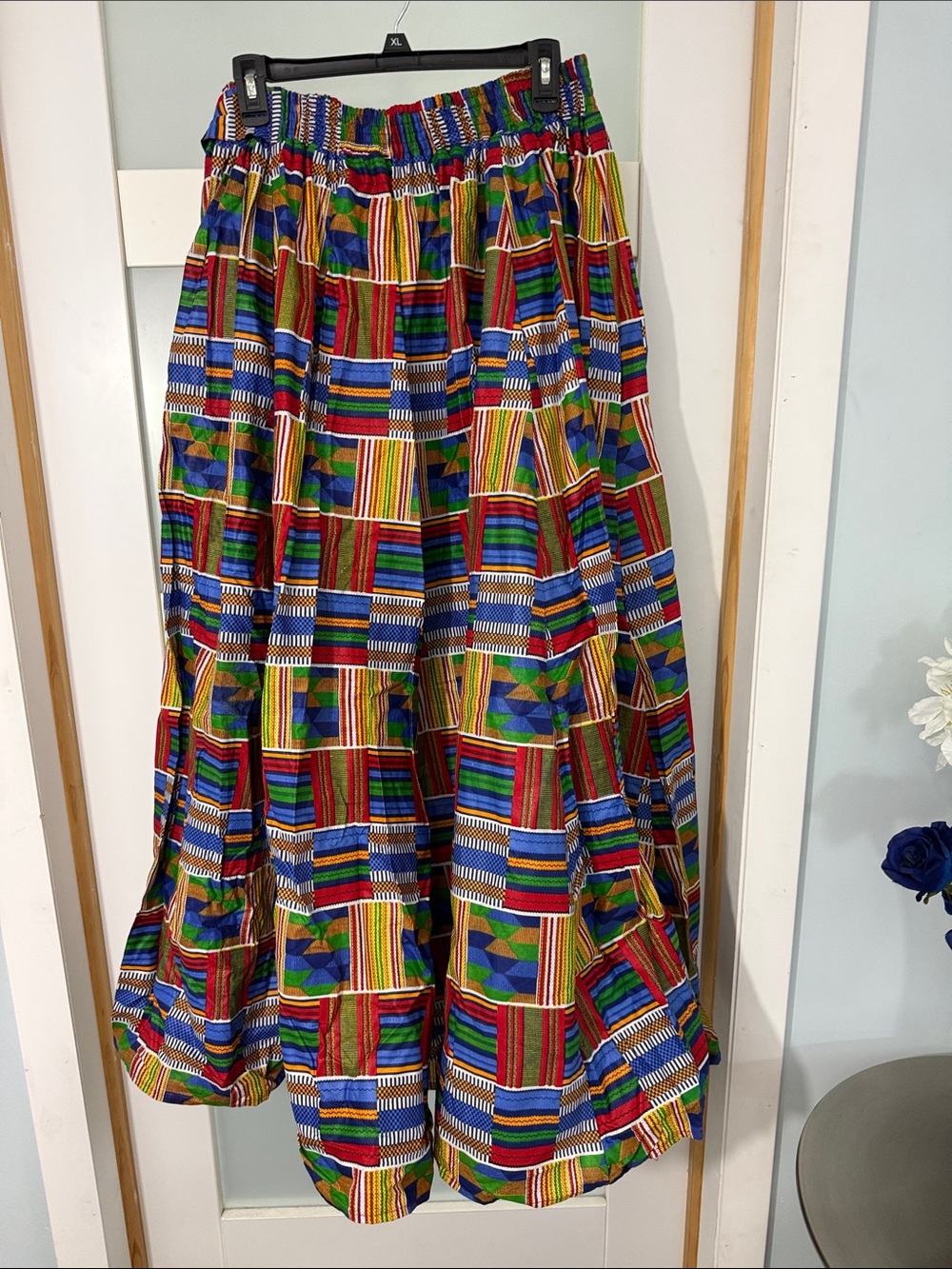 Blue and Orange Kente Maxi Skirt with pockets and Headwear - Picture 6 of 7